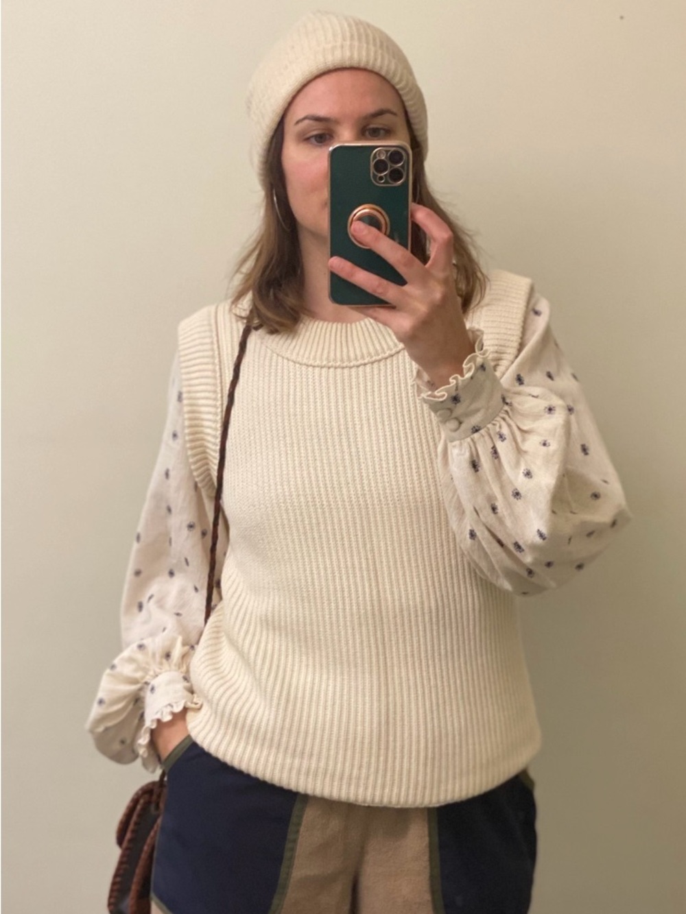 Cream Ribbed Knit Sweater Vest - Women